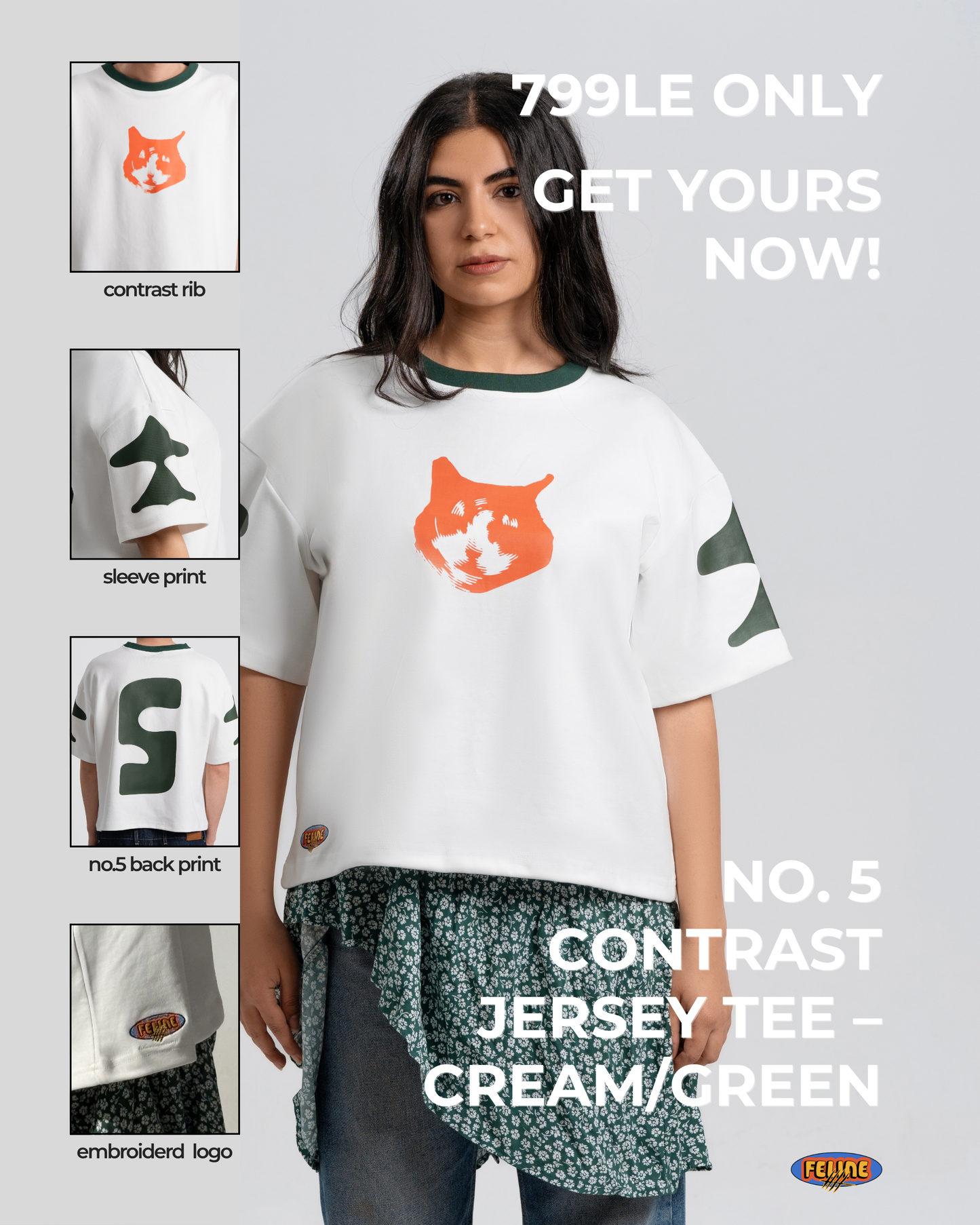No. 5 Contrast Jersey Tee – Cream/Green