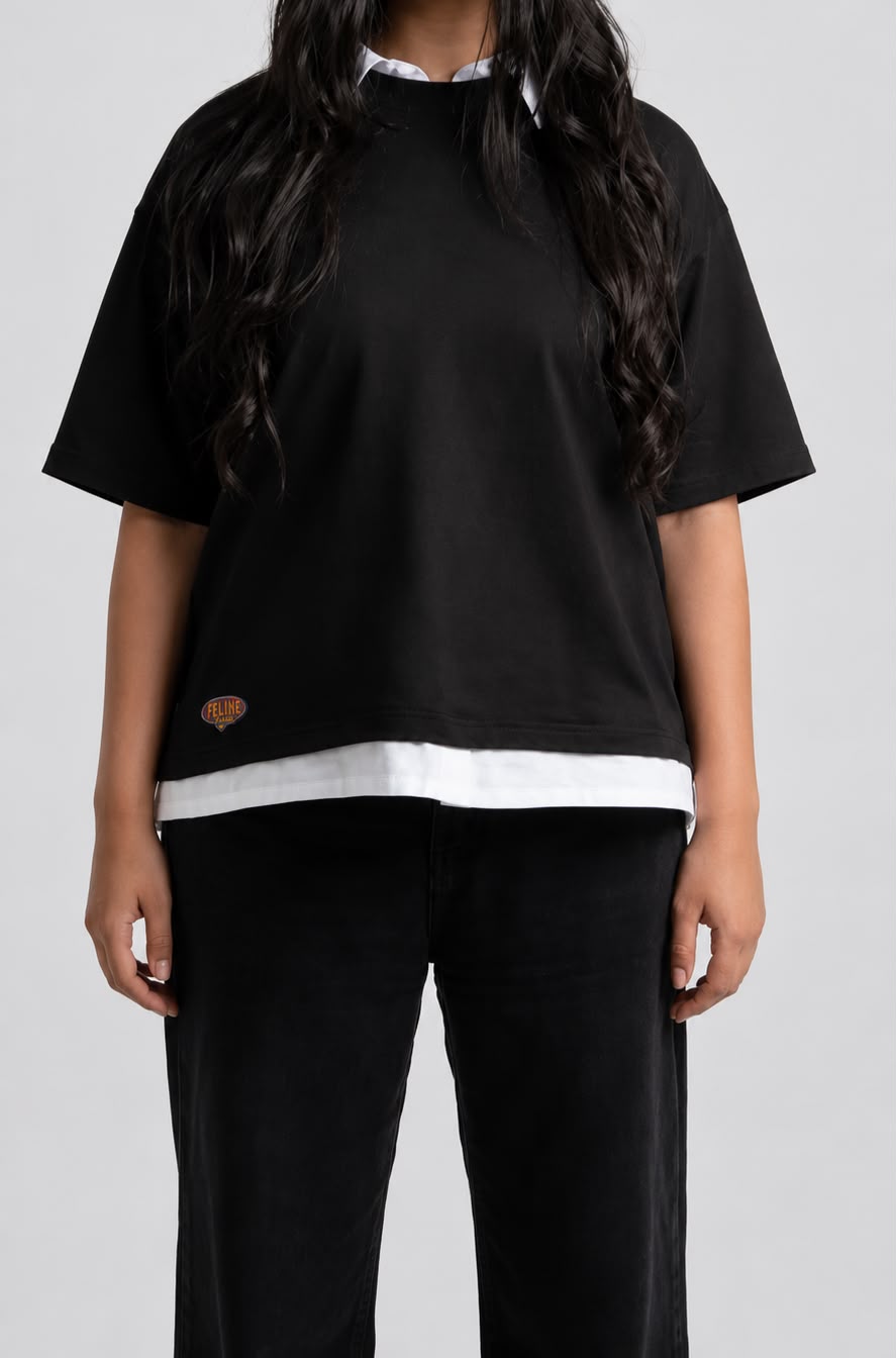 Short Sleeve Layered Cat Graphic Tee – Black
