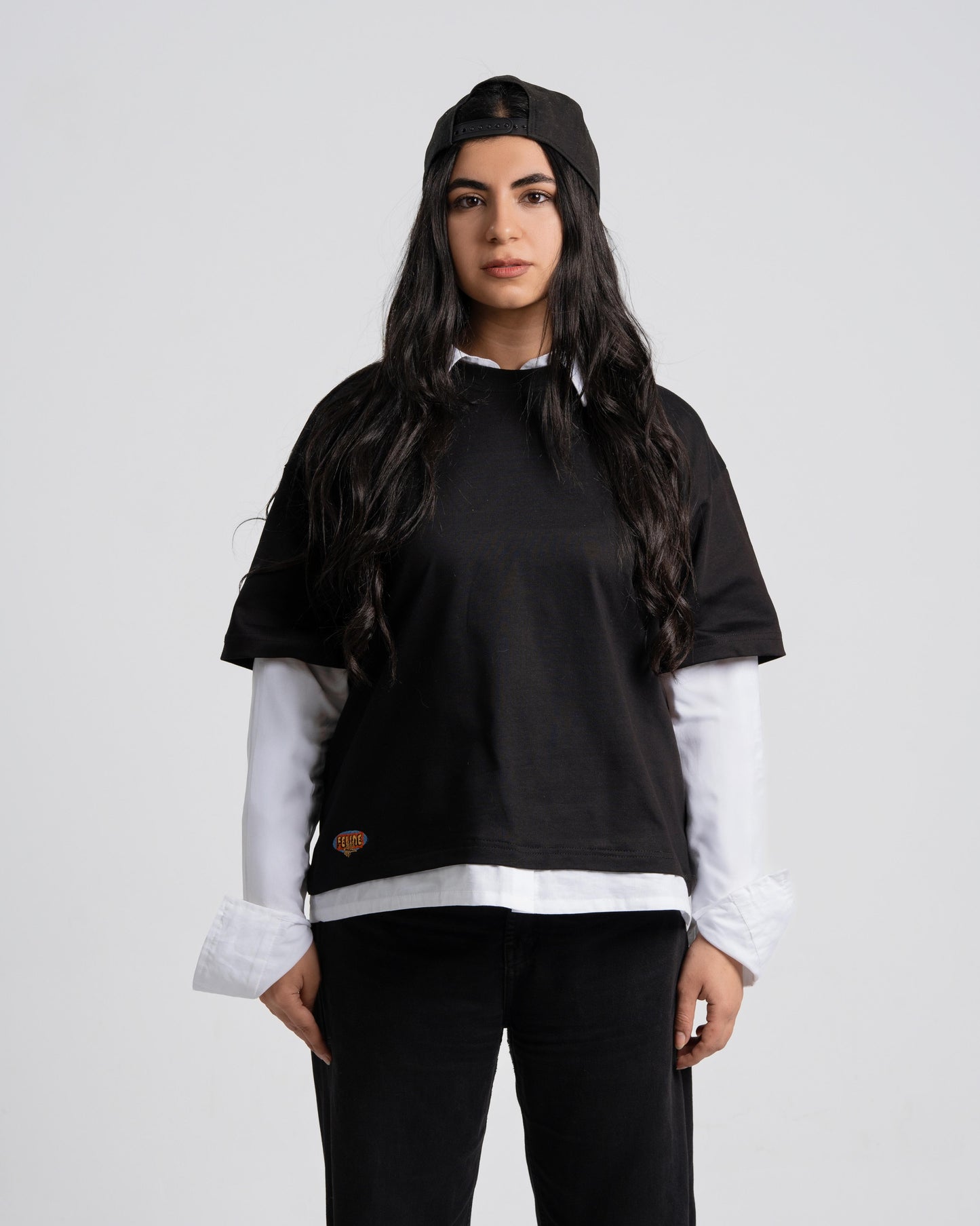 Layered Cat Graphic Tee – Black