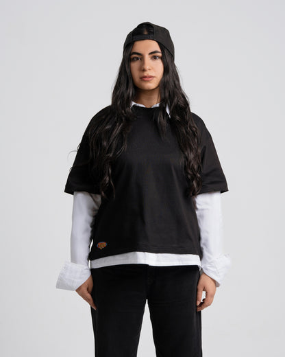 Layered Cat Graphic Tee – Black