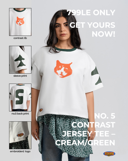 No. 5 Contrast Jersey Tee – Cream/Green