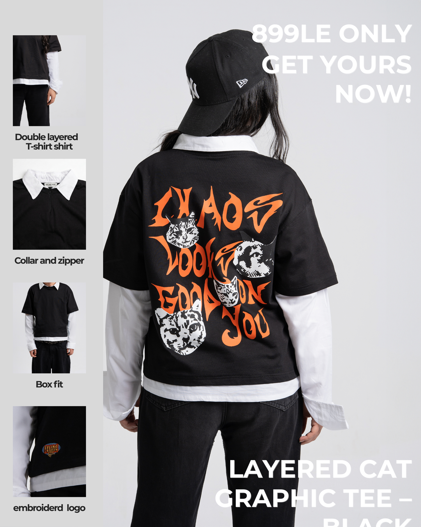 Layered Cat Graphic Tee – Black