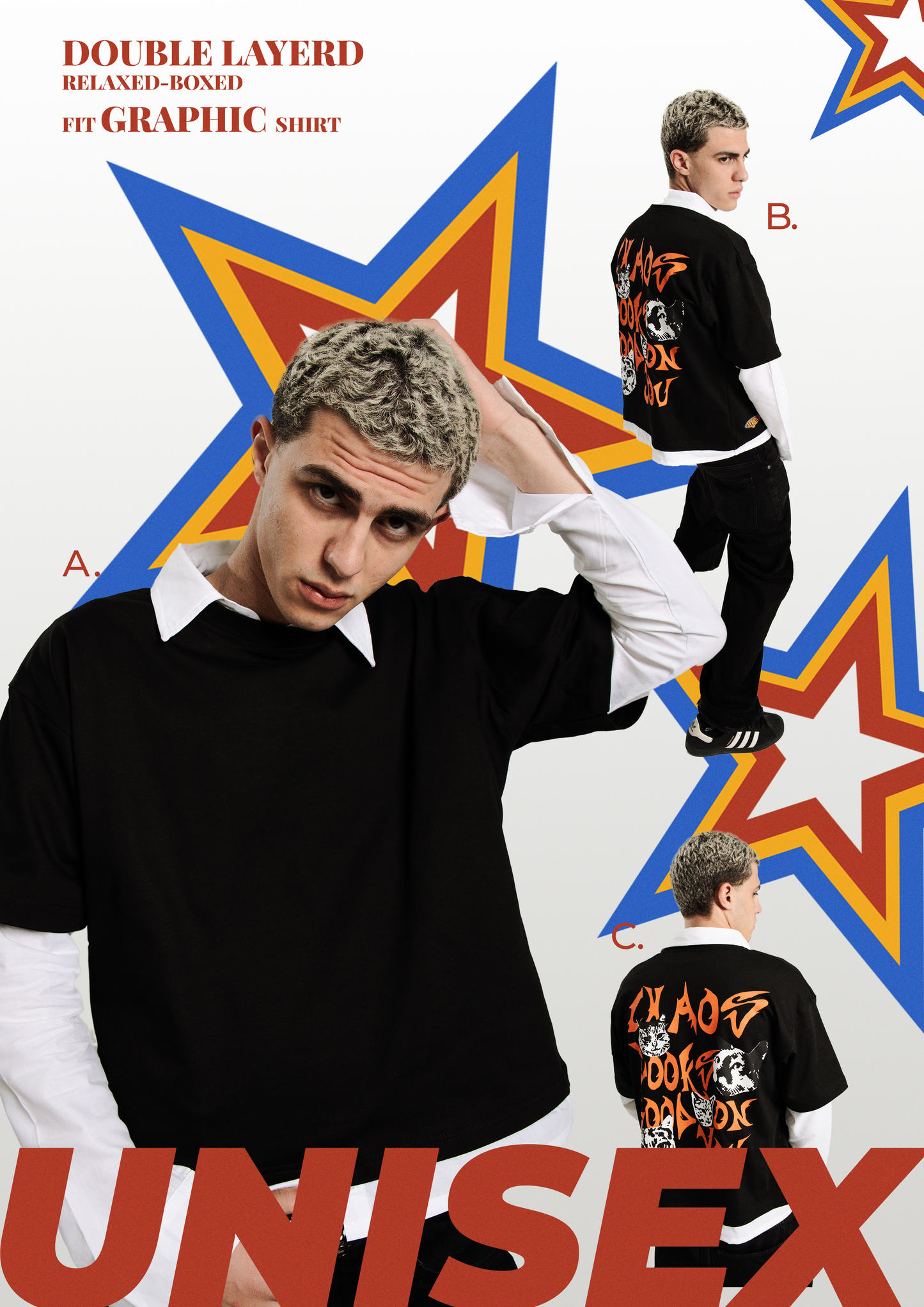 Layered Cat Graphic Tee – Black