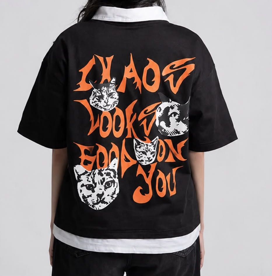 Short Sleeve Layered Cat Graphic Tee – Black